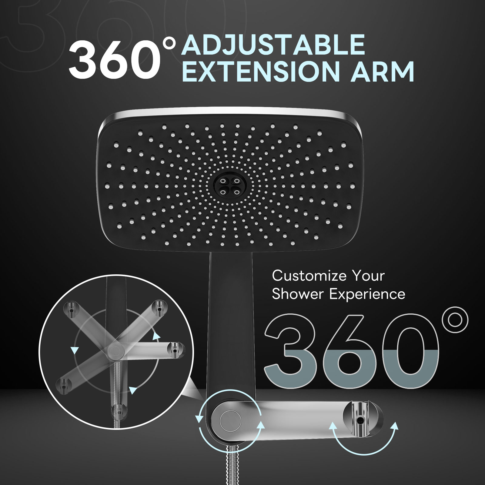 Rainfall Shower Head with 360 Degree Adjustable Extension Arm - Thumbnail 2