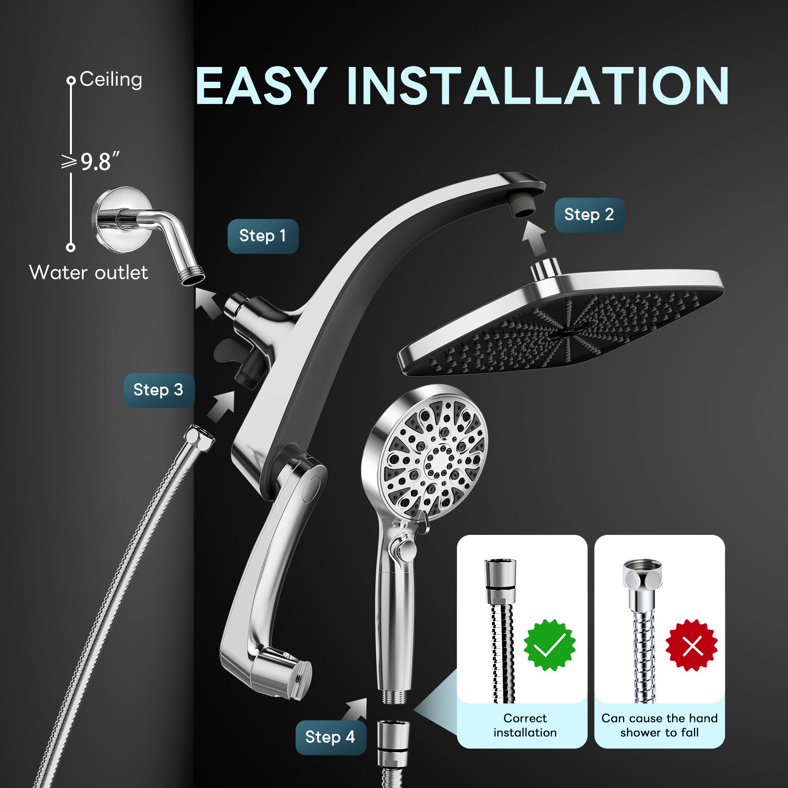 Rainfall Shower Head with 360 Degree Adjustable Extension Arm - Thumbnail 6