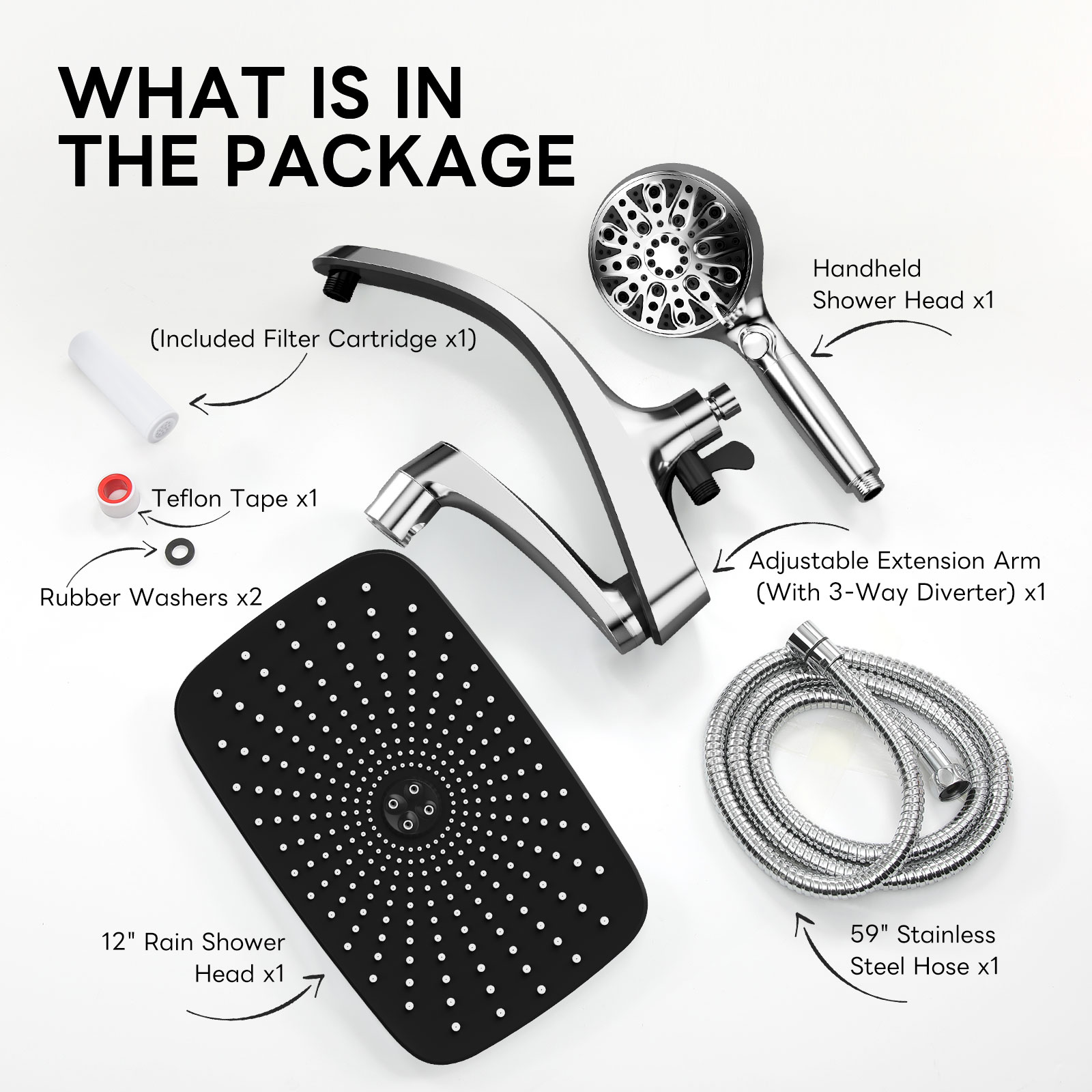 Rainfall Shower Head with 360 Degree Adjustable Extension Arm - Thumbnail 7