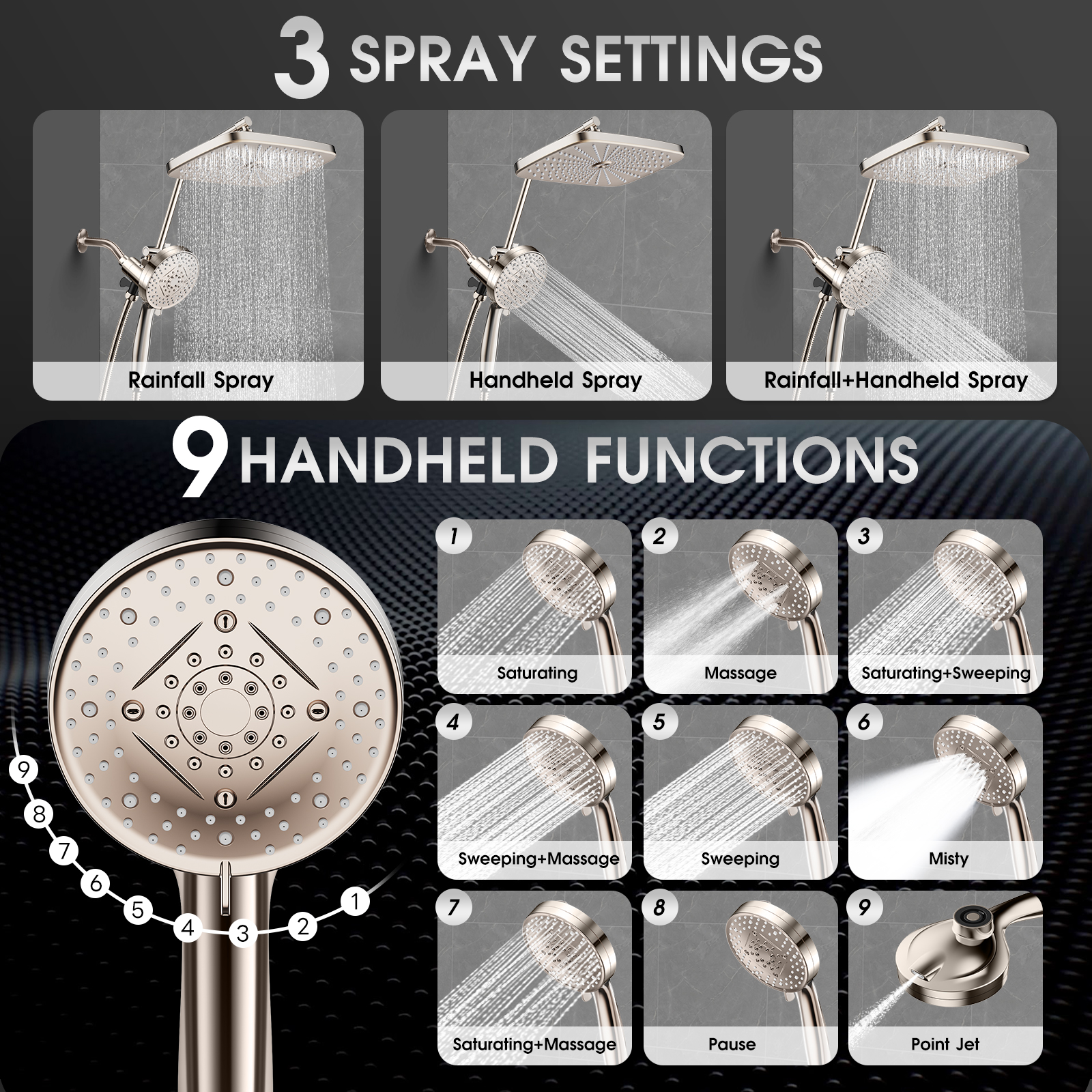 Adjustable Rainfall Shower Head with Magnetic Handheld Spray Combo - Thumbnail 2