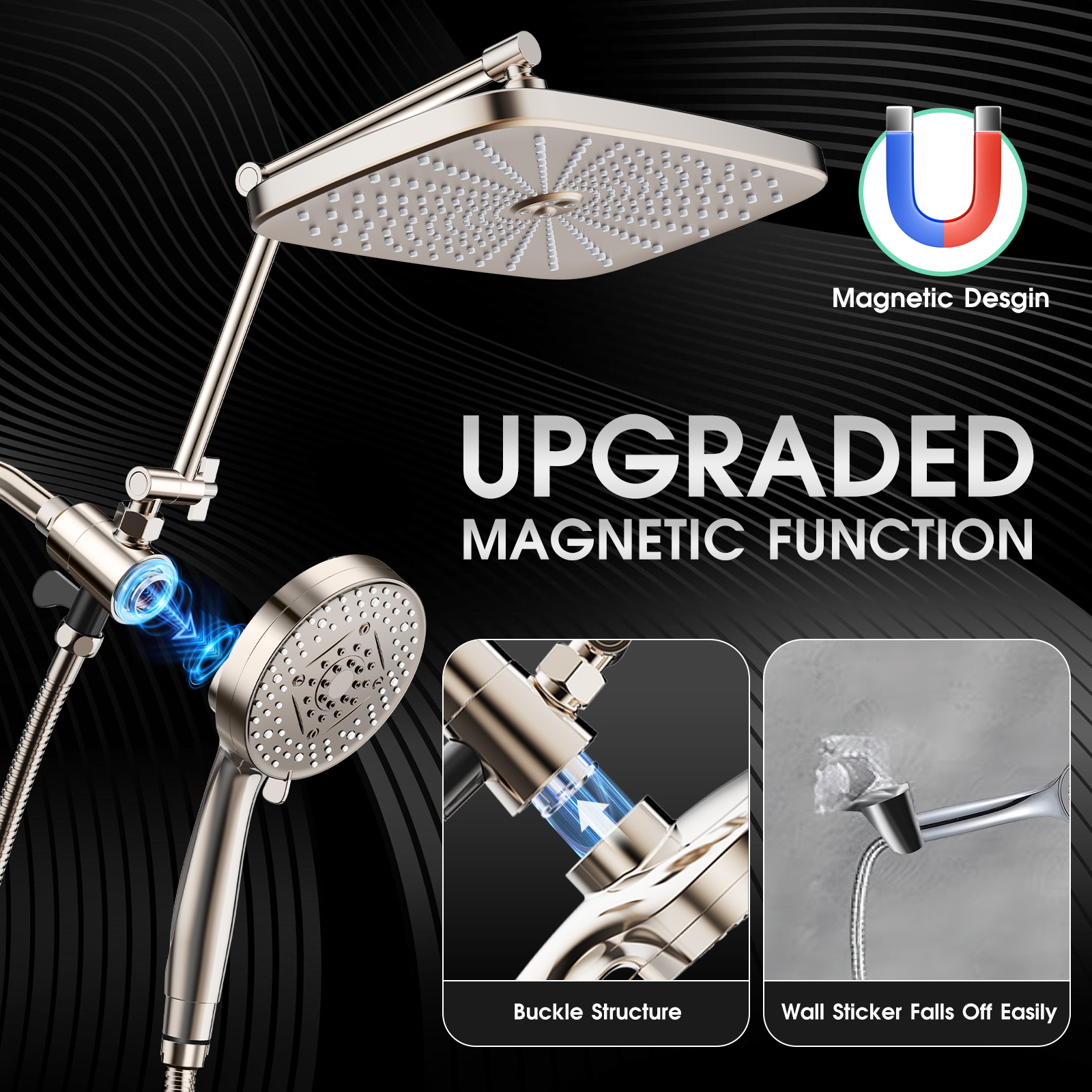 Adjustable Rainfall Shower Head with Magnetic Handheld Spray Combo - Thumbnail 4