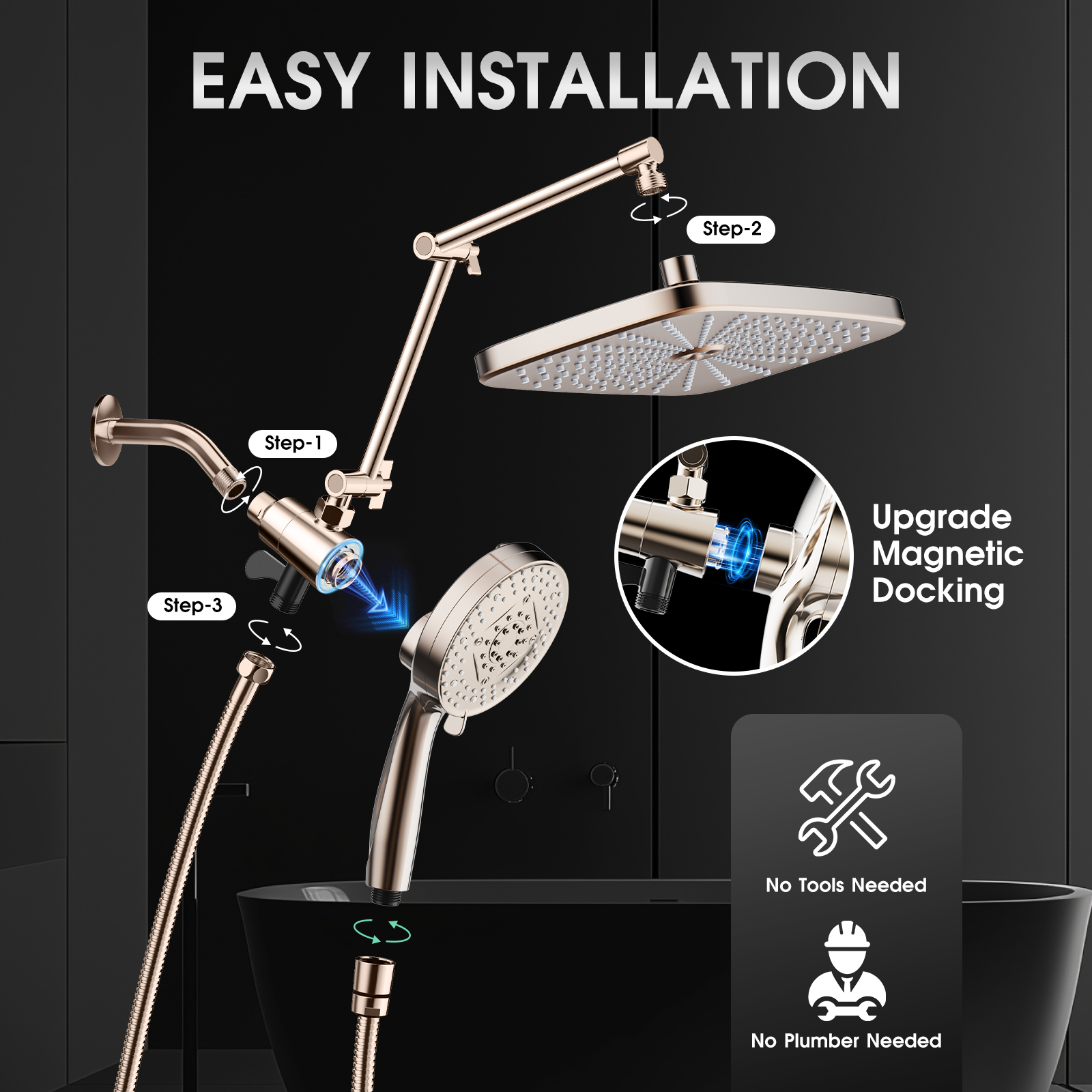 Adjustable Rainfall Shower Head with Magnetic Handheld Spray Combo - Thumbnail 6