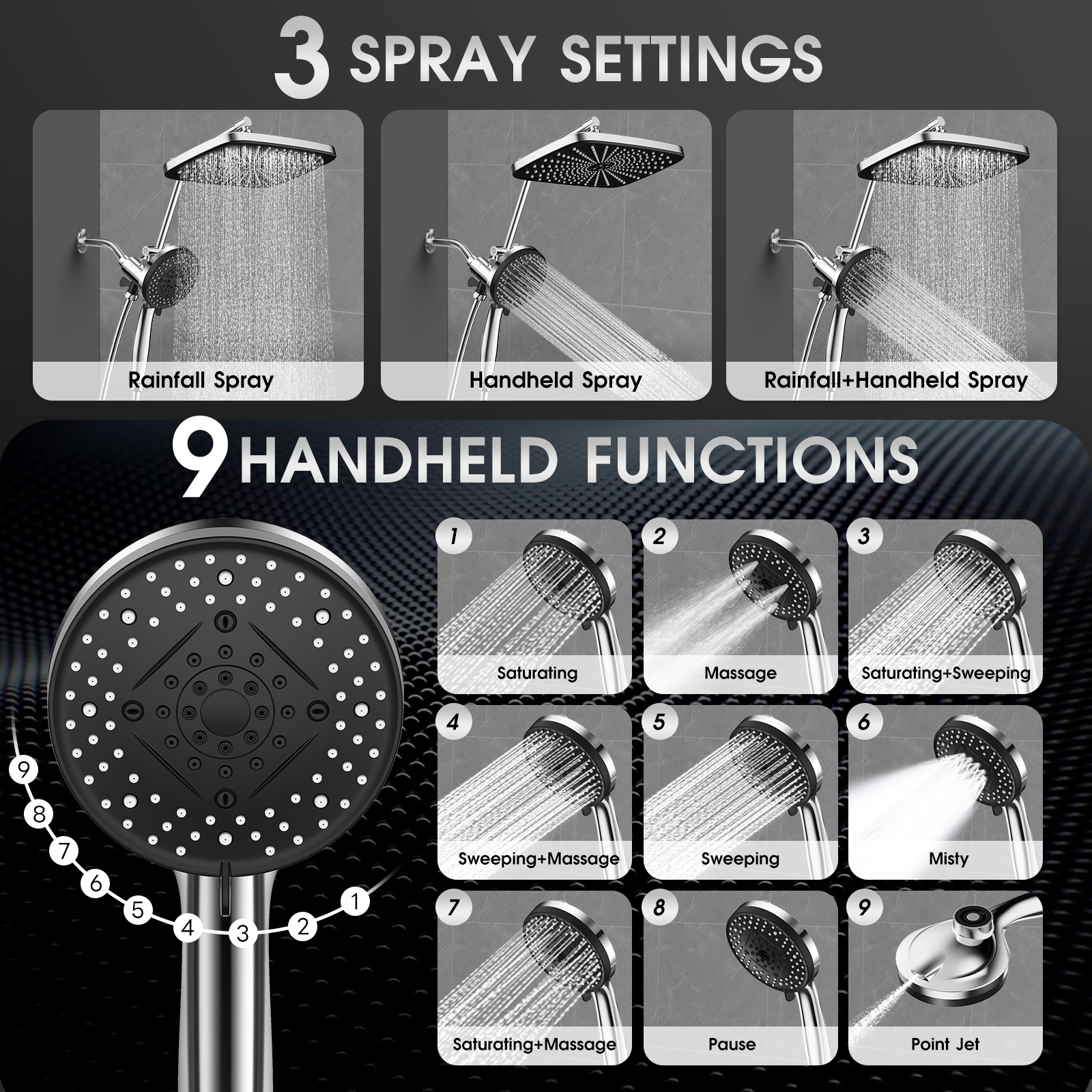 Adjustable Rainfall Shower Head with Magnetic Handheld Spray Combo - Thumbnail 2