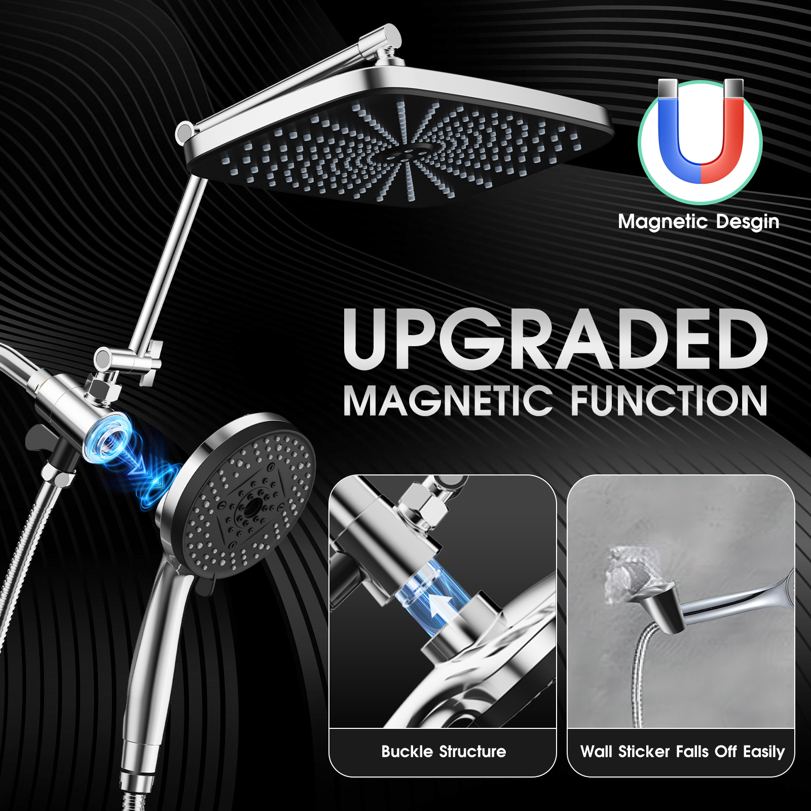 Adjustable Rainfall Shower Head with Magnetic Handheld Spray Combo - Thumbnail 4