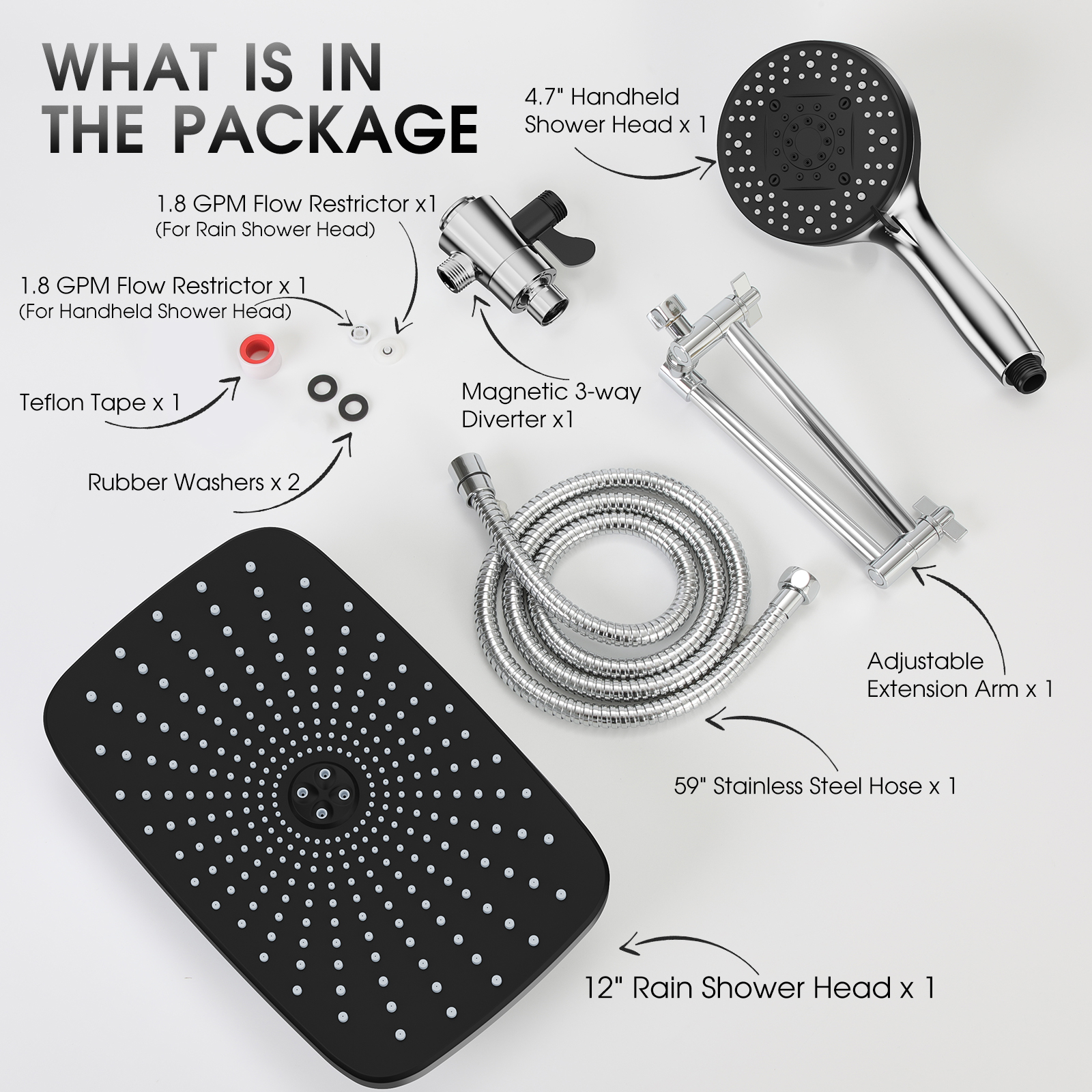 Adjustable Rainfall Shower Head with Magnetic Handheld Spray Combo - Thumbnail 7